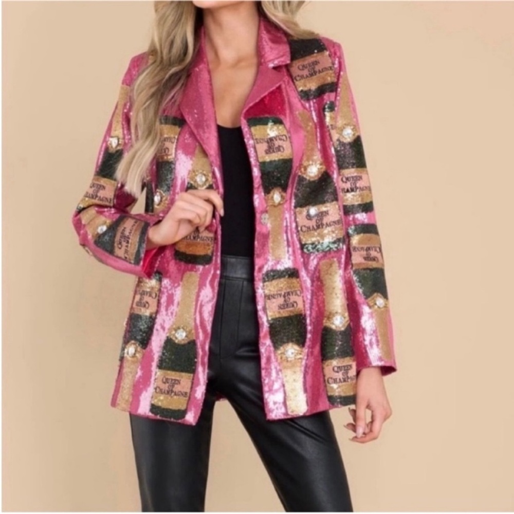 QUEEN OF SPARKLES Champagne Blazer Suit Jacket Pink Large QOS Sequin bottle NWT